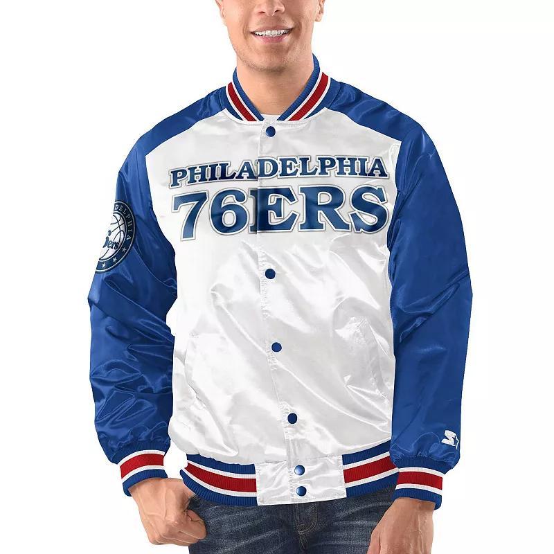 Mens Starter White/Royal Philadelphia 76ers Renegade Satin Full-Snap Varsity Jacket Product Image