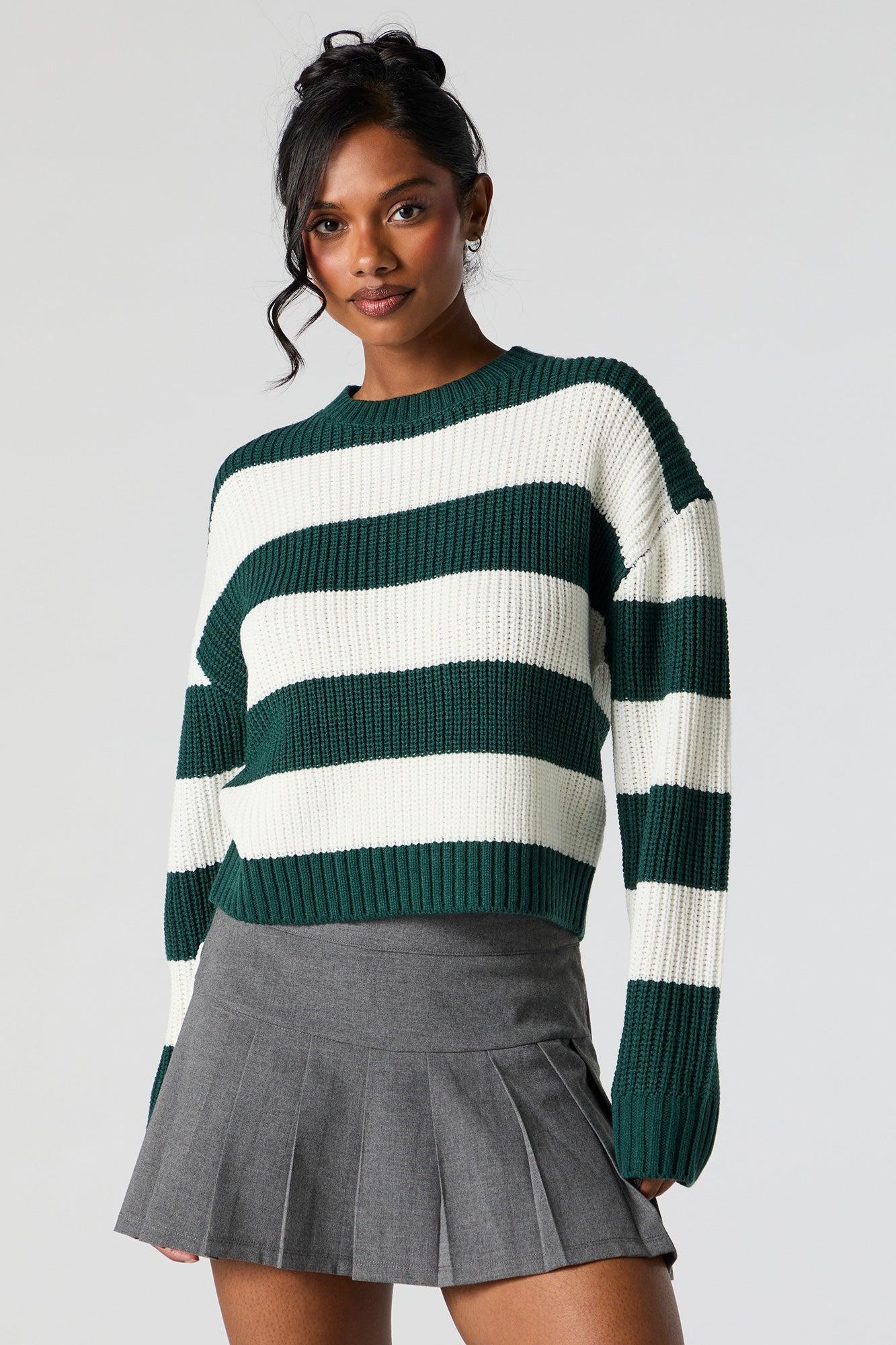 Wide Striped Ribbed Knit Crewneck Sweater Female Product Image