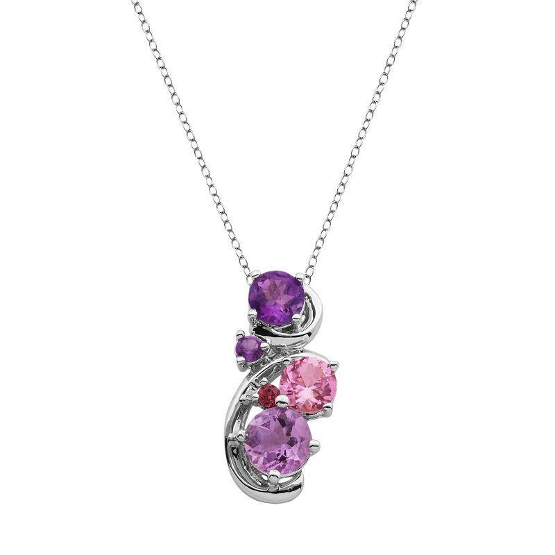 Sterling Silver Amethyst, Rhodolite Garnet and Lab-Created Pink Sapphire Swirl Pendant, Womens Purple Product Image