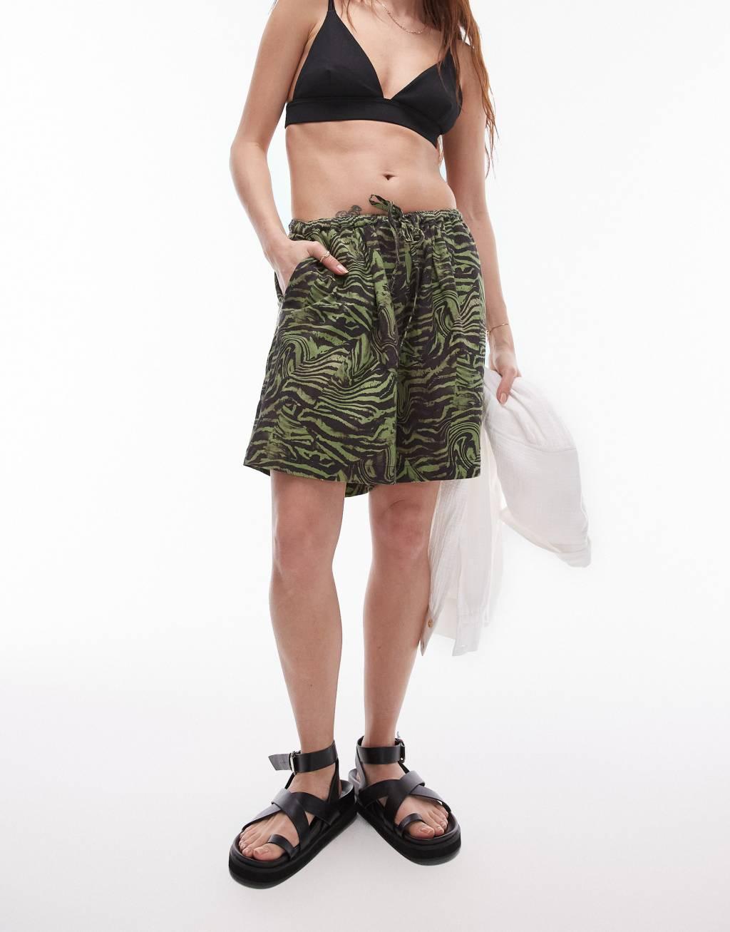 Topshop beach shorts in khaki zebra print Product Image