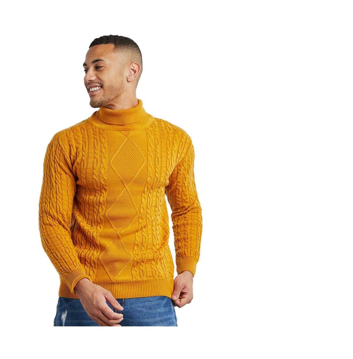 Campus Sutra Mens Mustard Yellow Relaxed Cable-Knit Pullover Sweater Product Image