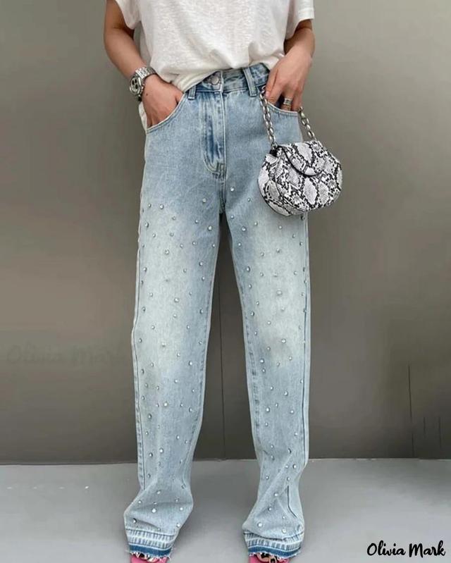 Olivia Mark – Stylish Gradient Long Pants with Vintage Belt Buckle, Decorative Button, and Pearl Embellishments Product Image