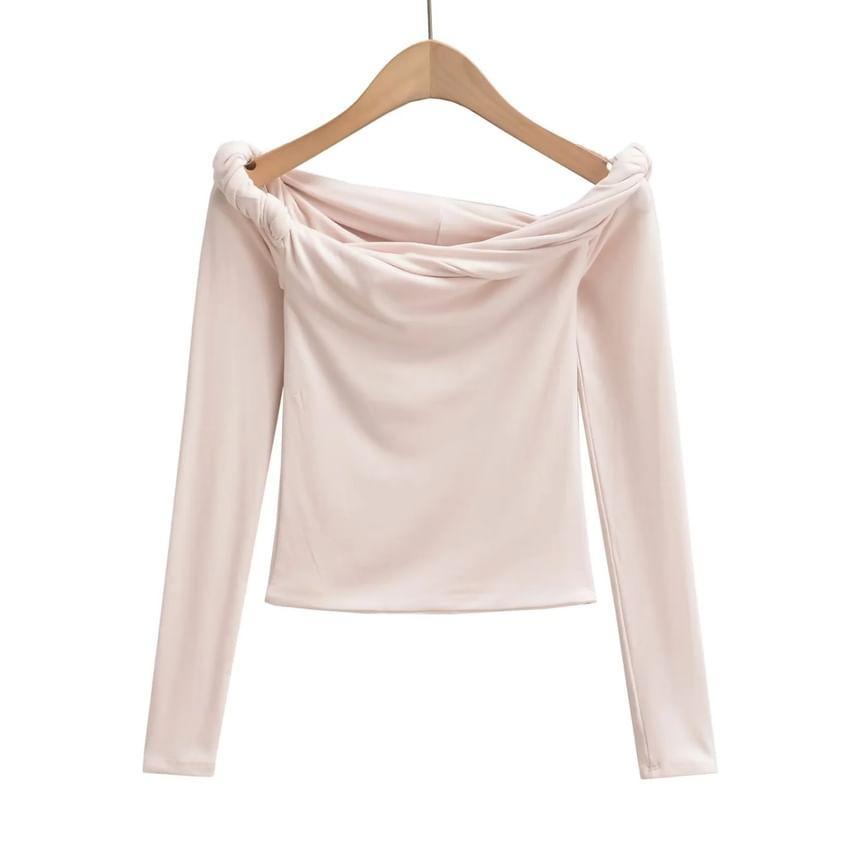 Long Sleeve Off-Shoulder Plain Twisted Slim-Fit Crop Top Product Image