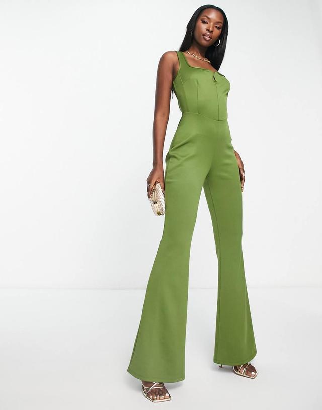 ASOS DESIGN jersey corset detail jumpsuit with flare leg in khaki Product Image