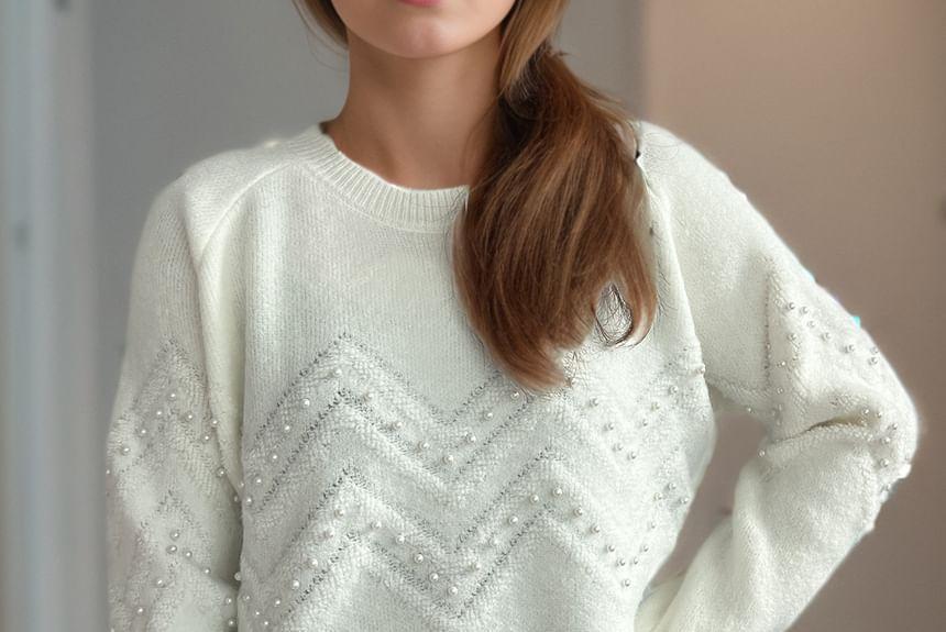 Crew Neck Plain Faux Pearl Accent Sweater Product Image