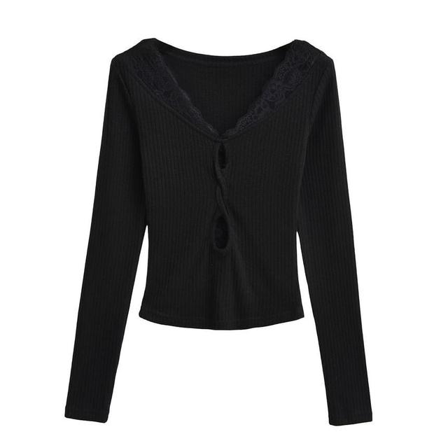 Long-Sleeve V-Neck Cutout Plain Knit Top Product Image