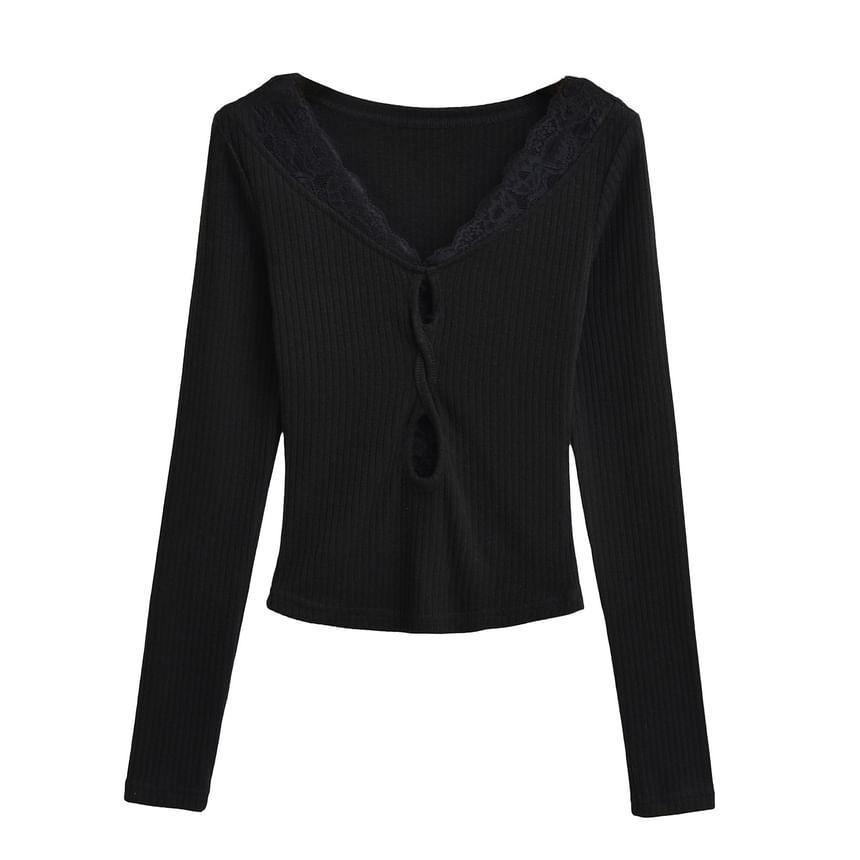 Long Sleeve V-Neck Plain Cutout Panel Lace Top Product Image