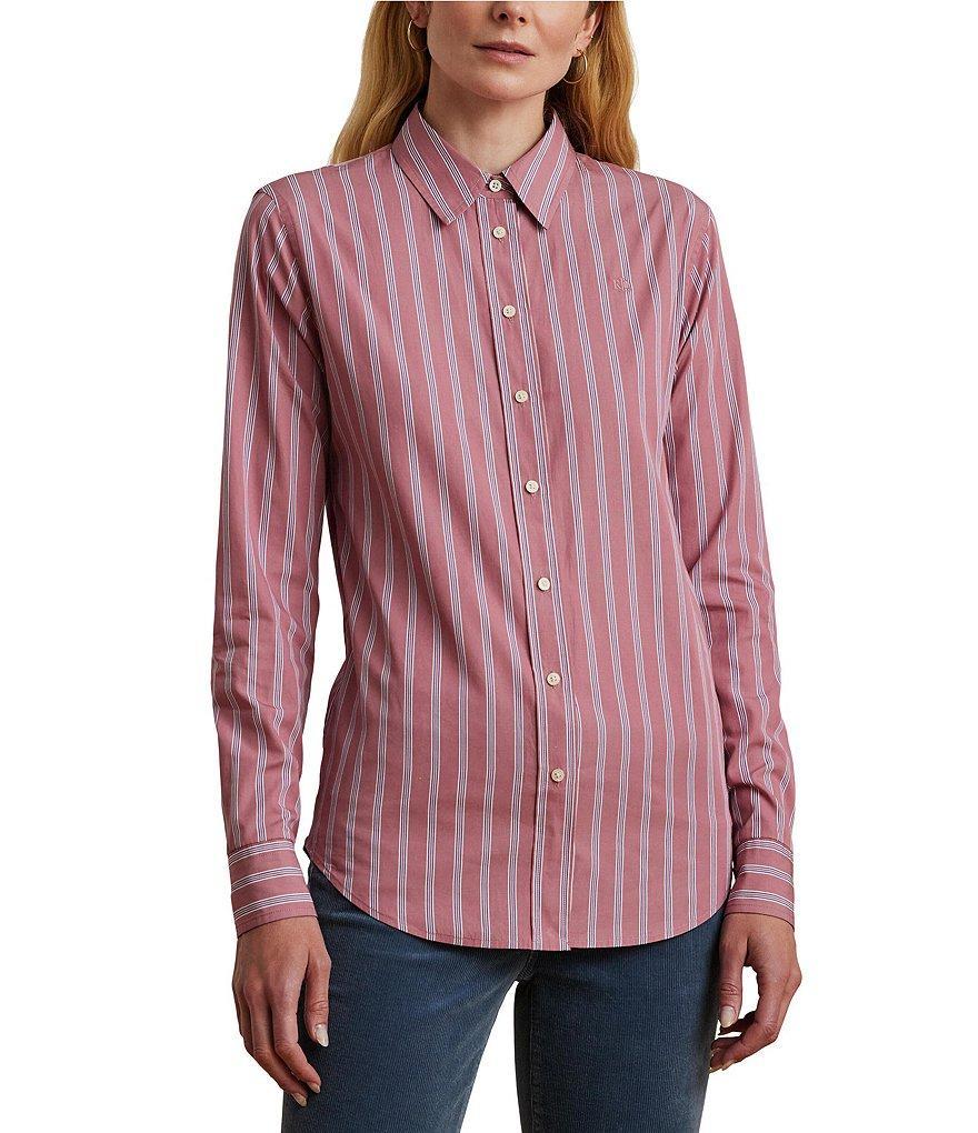 Lauren Ralph Lauren Petite Size Woven Striped Point Collar Long Sleeve Button-Front Shirt Product Image