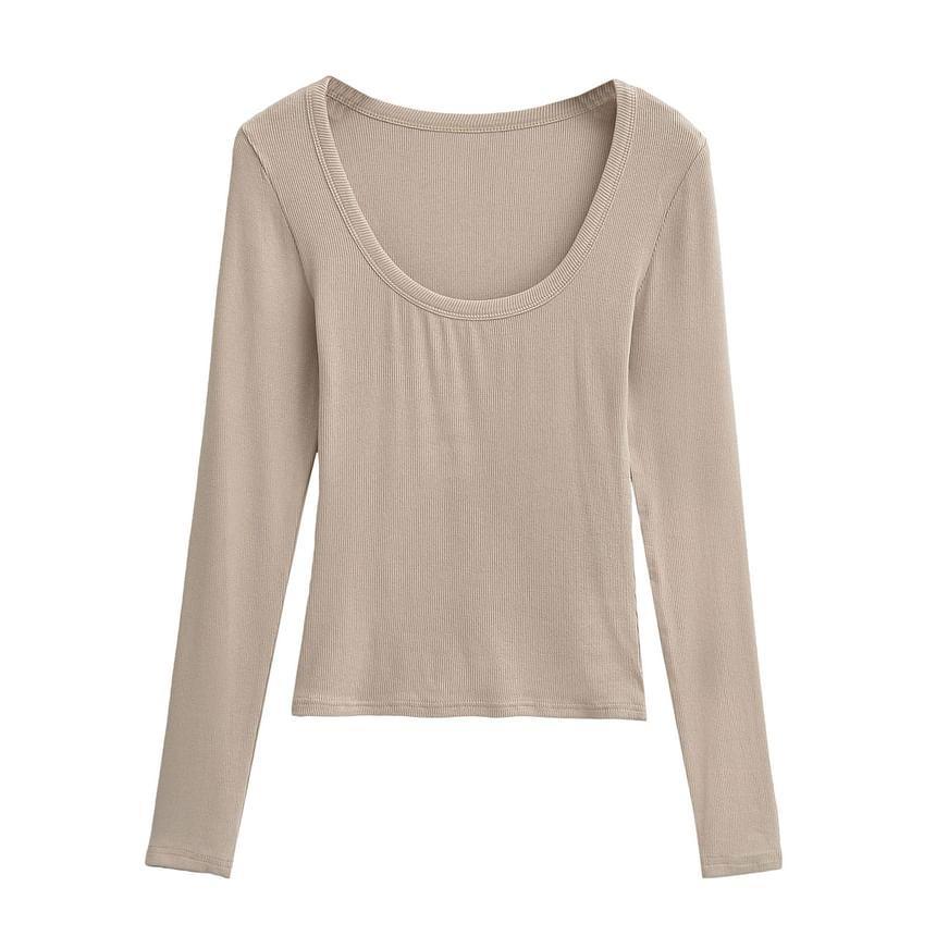 Long-Sleeve Scoop Neck Plain Crop Tee Product Image