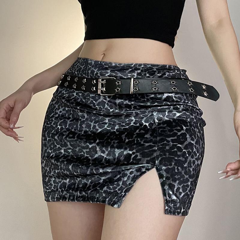 Mid Waist Leopard Print Slit Mini Pencil Skirt Product Image