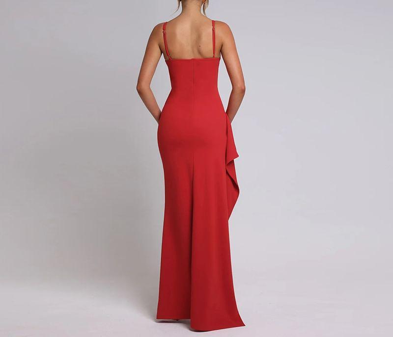 Spaghetti Strap V-Neck Plain Slit Bodycon Maxi Dress Product Image