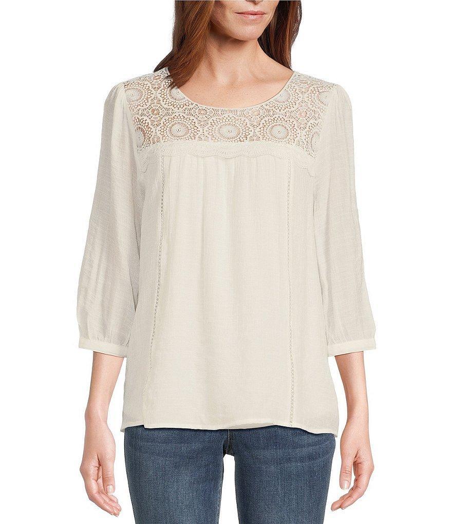 Figueroa & Flower Solid Peasant Lace Yoke 3/4 Sleeve Blouse Product Image