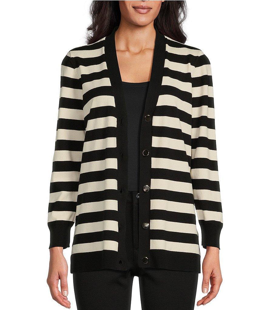 Jones New York Striped V-Neck Long Sleeve Contrast Trim Button-Front Long Cardigan Product Image