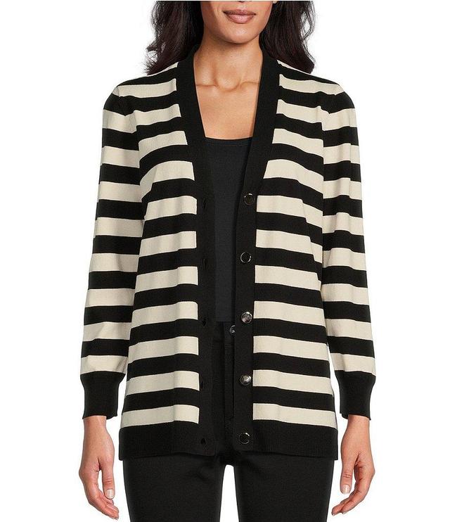 Jones New York Striped V-Neck Long Sleeve Contrast Trim Button-Front Long Cardigan Product Image