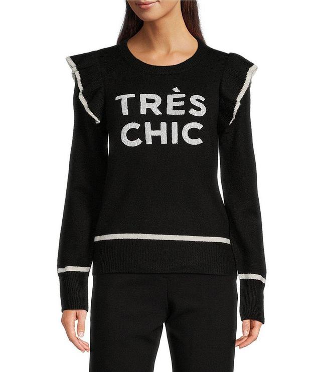 KARL LAGERFELD PARIS #double;Tres Chic#double; Crew Neck Ruffle Long Sleeve Sweater Top Product Image