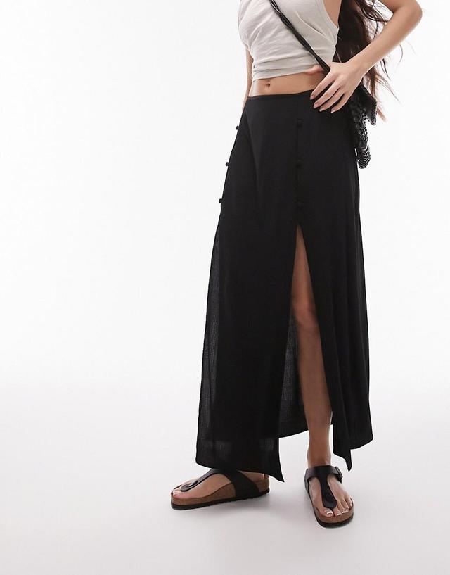 Topshop button slit midi skirt in black Product Image