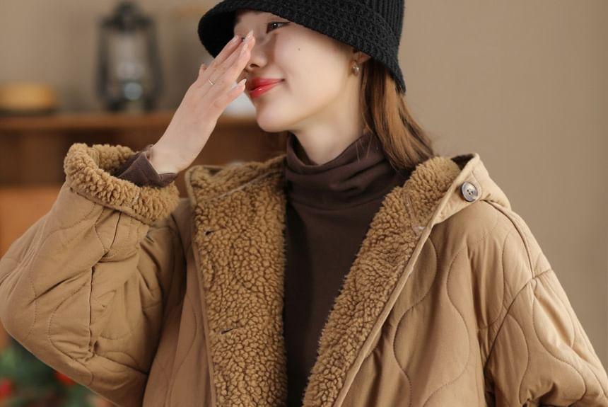 Plain Hooded Quilted Fleece-Lined Button-Up Jacket Product Image