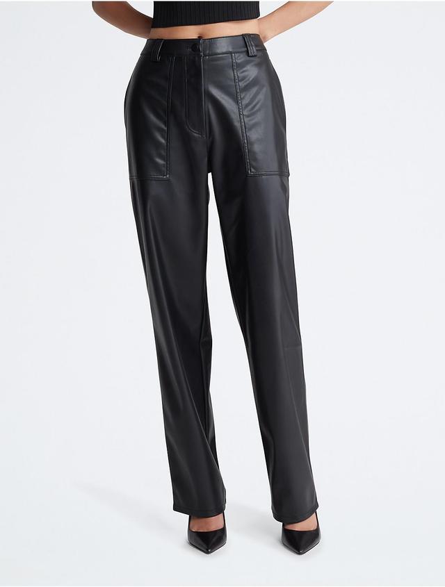 Calvin Klein Womens Faux Leather High Rise Straight Leg Pants - Black - S Product Image