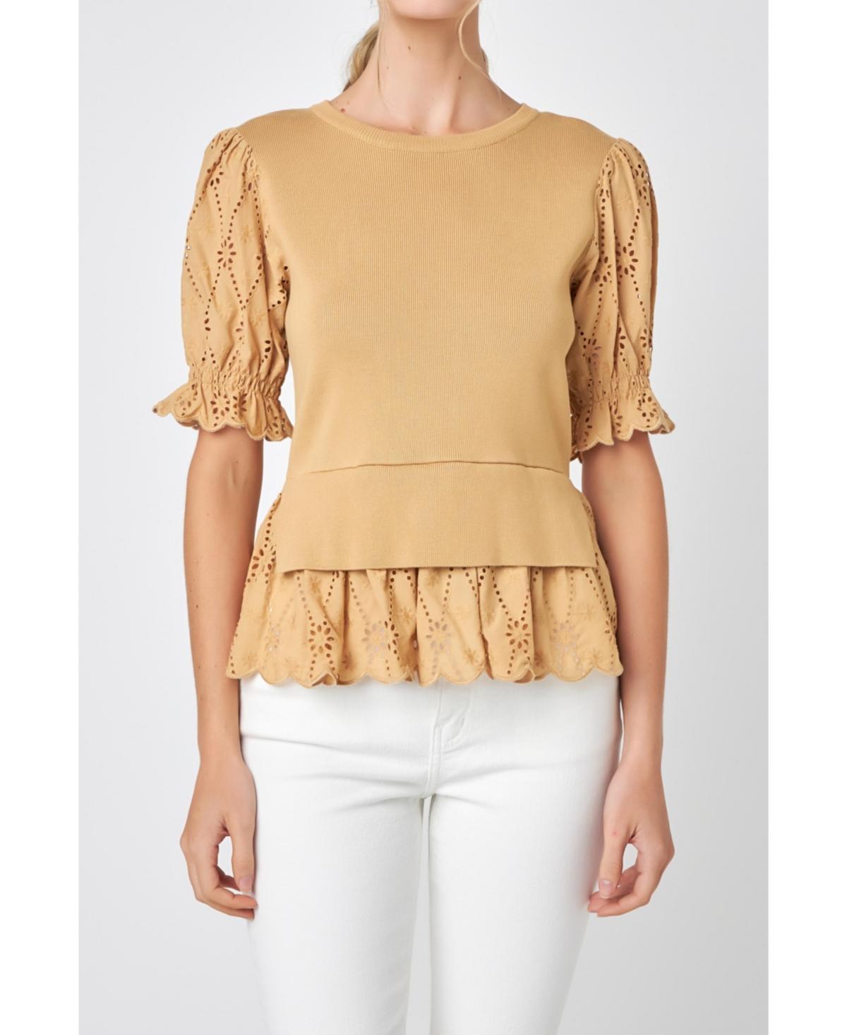 Women's Eyelet Mixed Media Knit Top Product Image