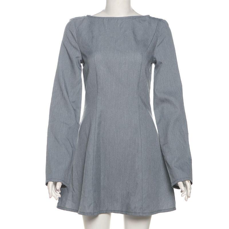 Long Sleeve Boat Neck Plain Panel Mini A-Line Dress Product Image