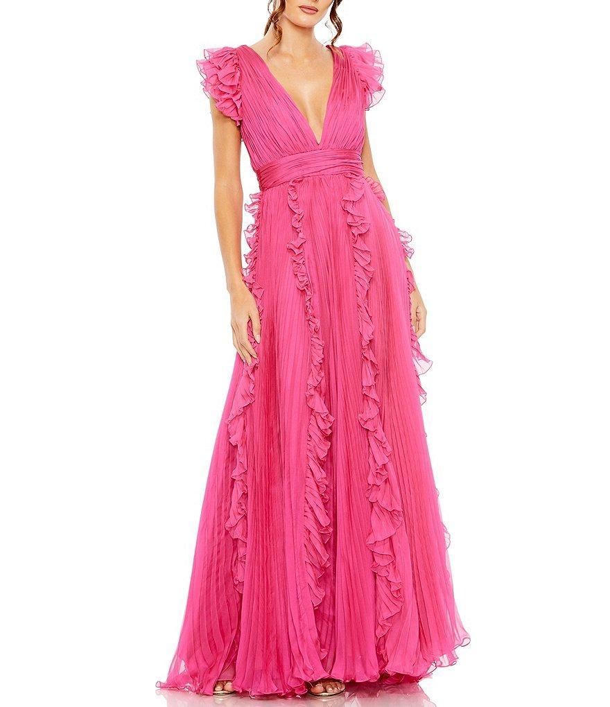 Mac Duggal Pleated Ruffle Cap Sleeve Deep V-Neck Flowy A-Line Gown Product Image