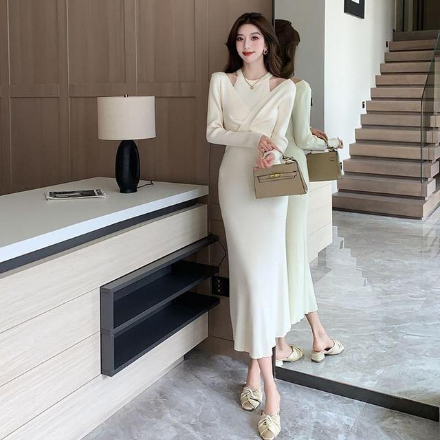 Long-Sleeve Halter Neck Mock Two-Piece Plain Twisted Midi Sheath Knit Dress Product Image