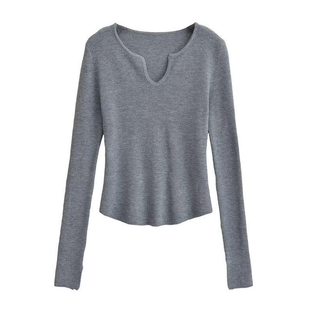 Long Sleeve Notch Neck Plain Crop Tee Product Image