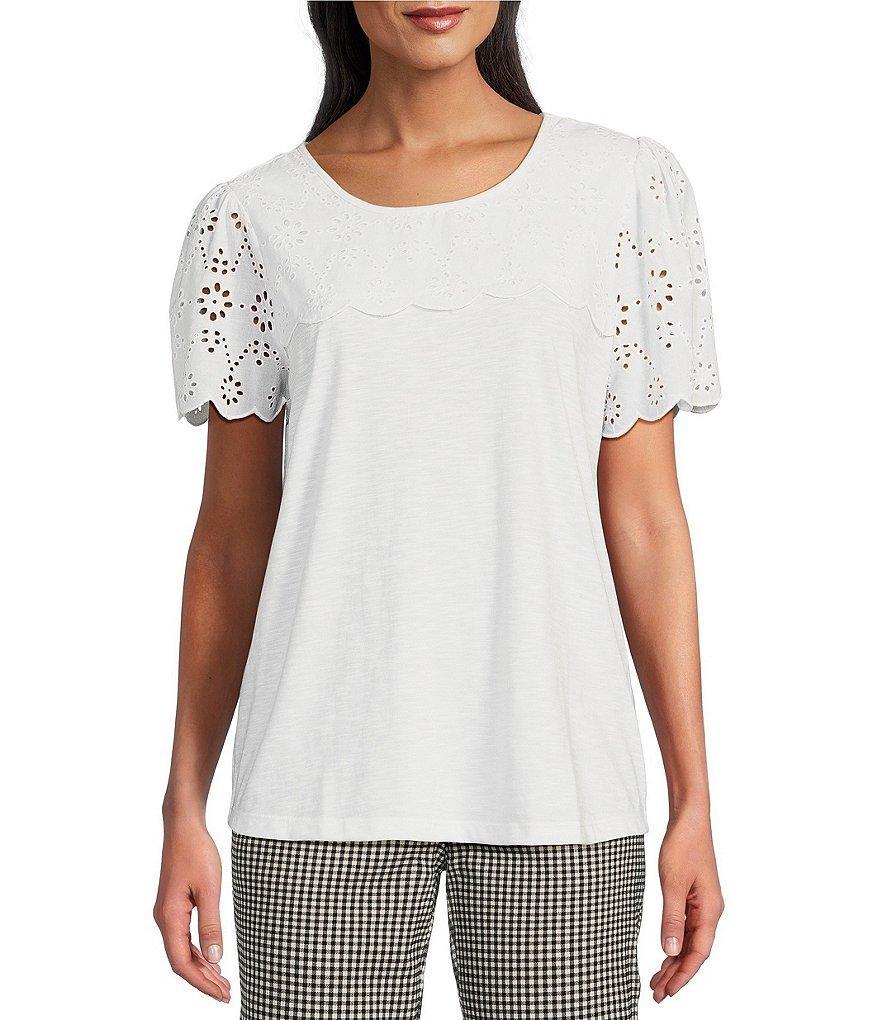 Allison Daley Eyelet Detail Short Sleeve Crew Neck Knit Top Product Image