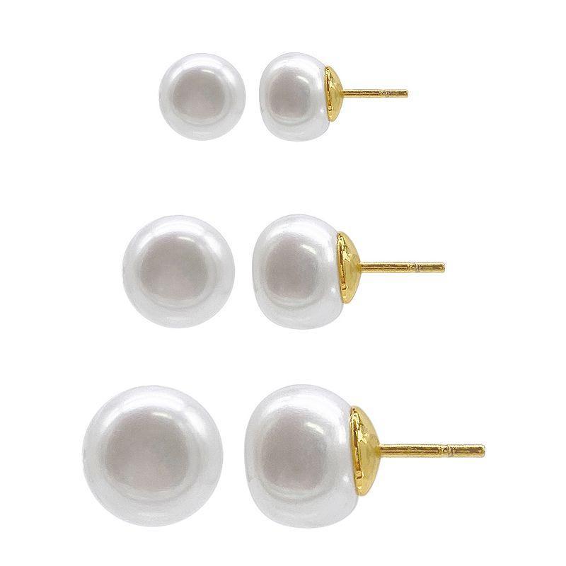 Adornia 14k Gold Plated Freshwater Cultured Pearl Stud Earring Trio Set, Womens, White Product Image