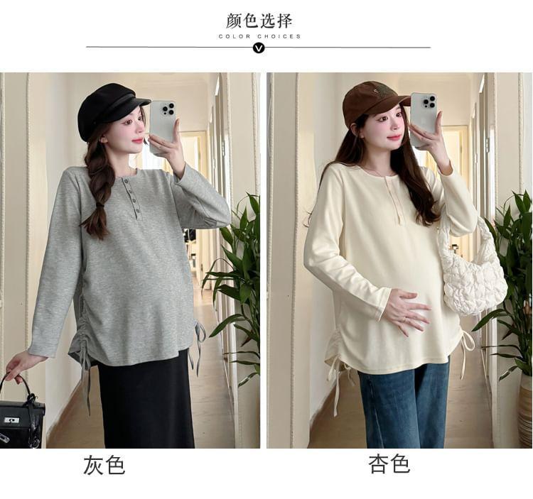 Maternity Long-Sleeve Henley Plain Drawstring Tee Product Image