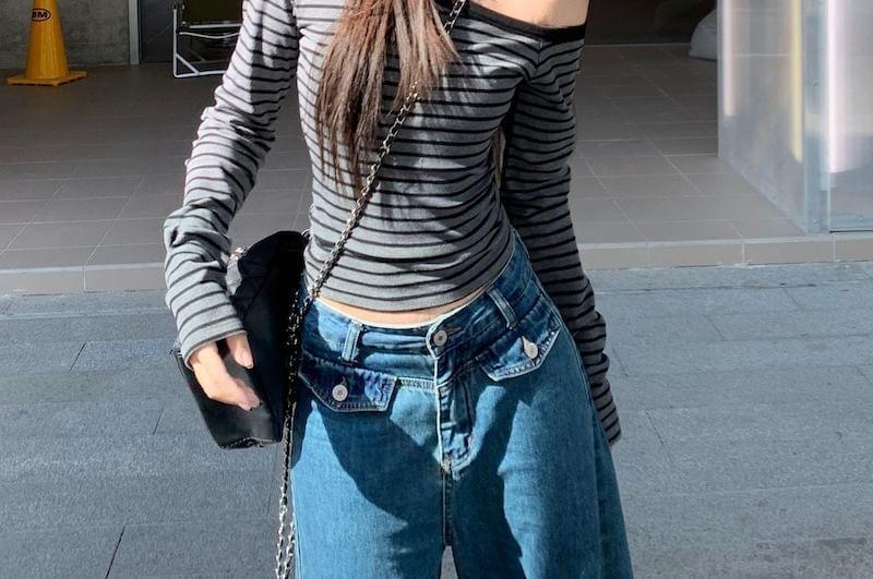 Long-Sleeve Off Shoulder Striped Crop Tee Product Image