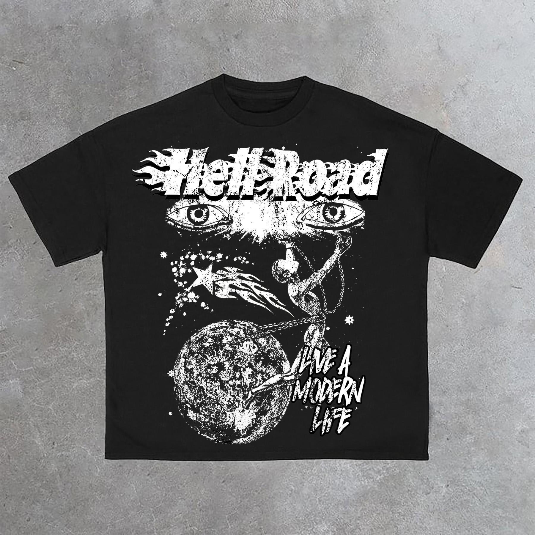 Hell Road Retro Portrait Earth Graphic Print Cotton T-Shirt Product Image