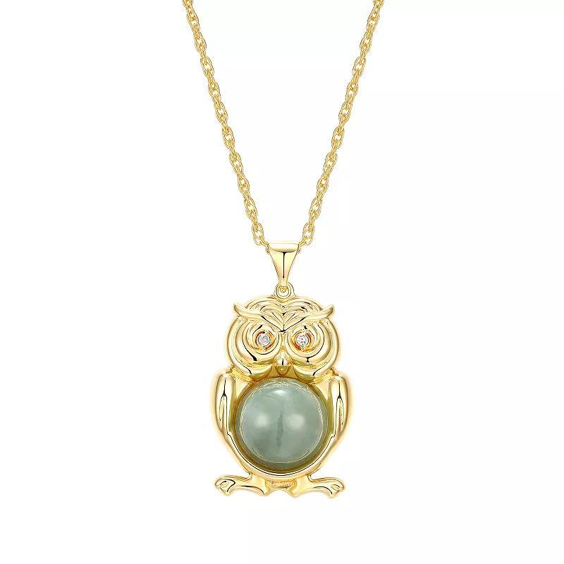 Dynasty Jade 18K Gold over Sterling Silver Genuine Jade & Diamond Accent Owl Pendant Necklace, Womens Gold Tone Product Image