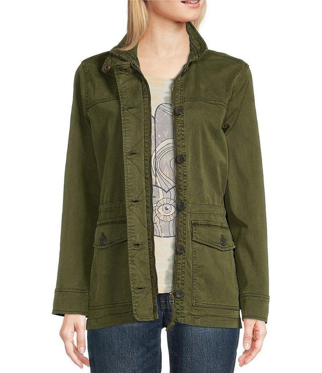 Lucky Brand Point Collar Long Sleeve Drawstring Waist Patch Pocket Button Front Utility Jacket Product Image