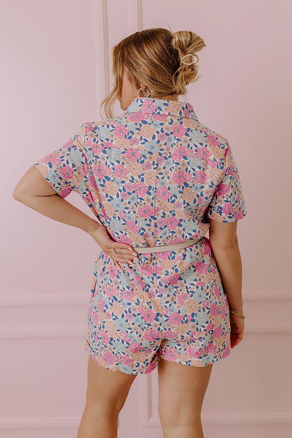 Sunny With A Chance of Blooms Denim Romper in Pink Product Image