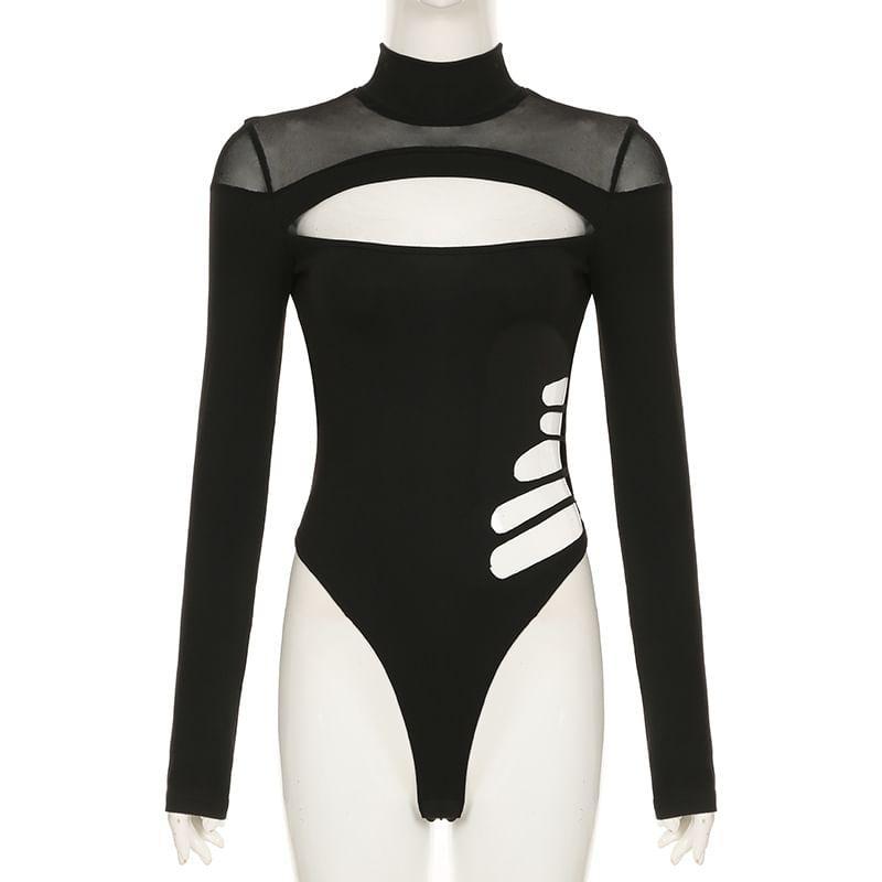 Long-Sleeve High Neck Paneled Mesh Panel Bodysuit Top Product Image