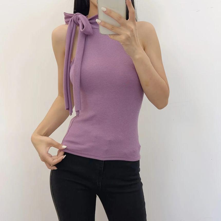 Tie-Neck Plain Slim-Fit Crop Tank Top Product Image