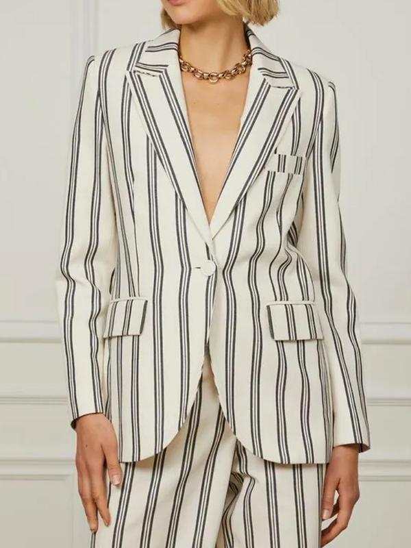 Long Sleeves Loose Buttoned Split-Joint Striped Notched Collar Blazer Outerwear Product Image