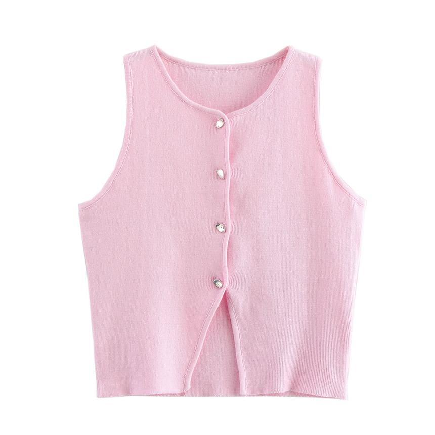 Round Neck Plain Button Sweater Vest Product Image