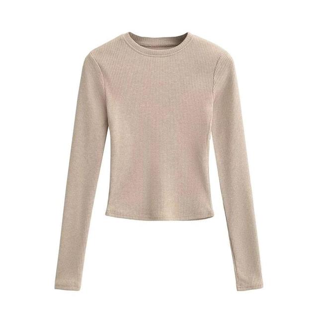 Long Sleeve Round Neck Plain Ribbed Knit Top Product Image