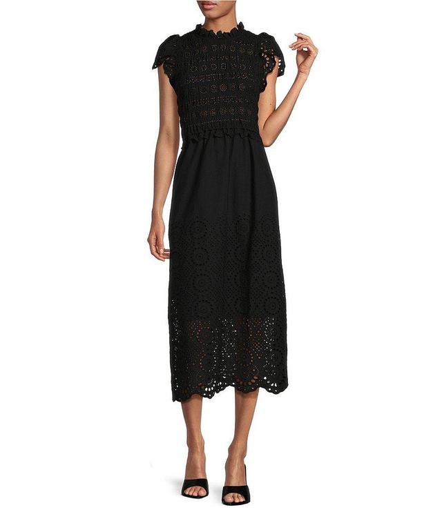 tyler boe Jessica Eyelet Ruffled Round Neck Cap Puff Sleeve Smocked Midi A-Line Dress Product Image