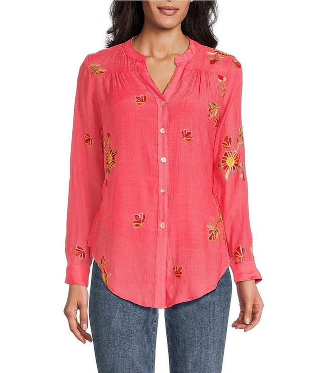 Figueroa & Flower Petite Size Roxy Floral Embroidery Band Split V-Neck Roll-Tab Sleeve Button Down Shirt Product Image