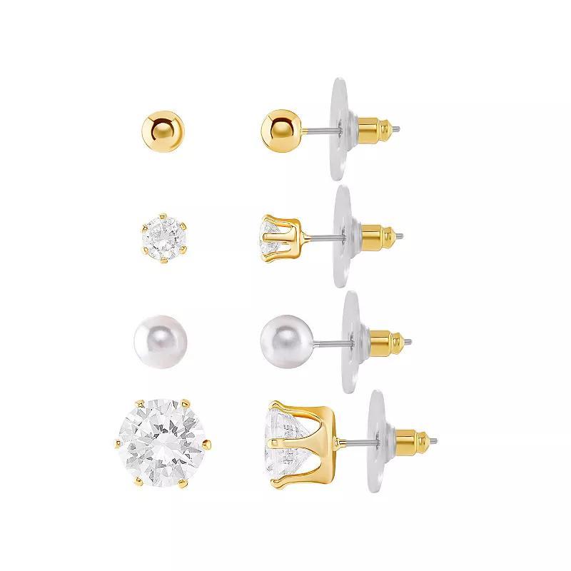 Emberly Gold Tone Simulated Pearl & Cubic Zirconia Stud Earrings Quartet Set, Womens, Yellow Product Image