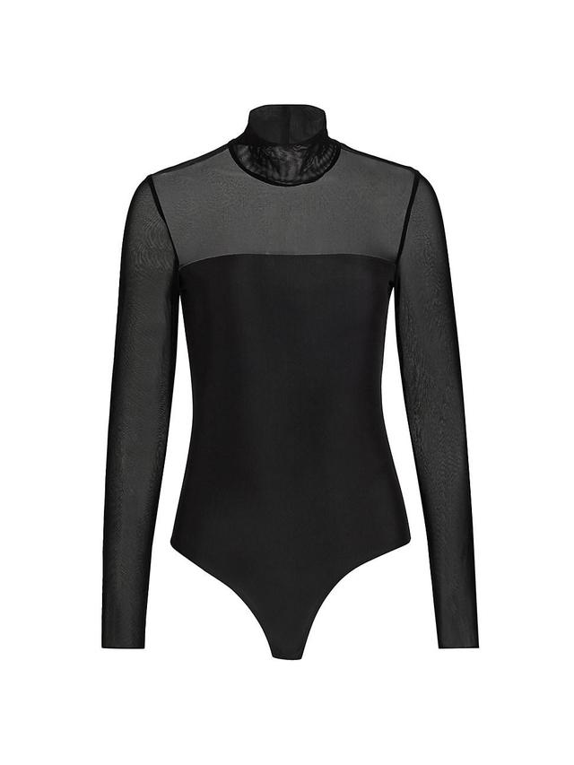 Mock-Neck Strapless Illusion Long-Sleeve Mesh Bodysuit Product Image