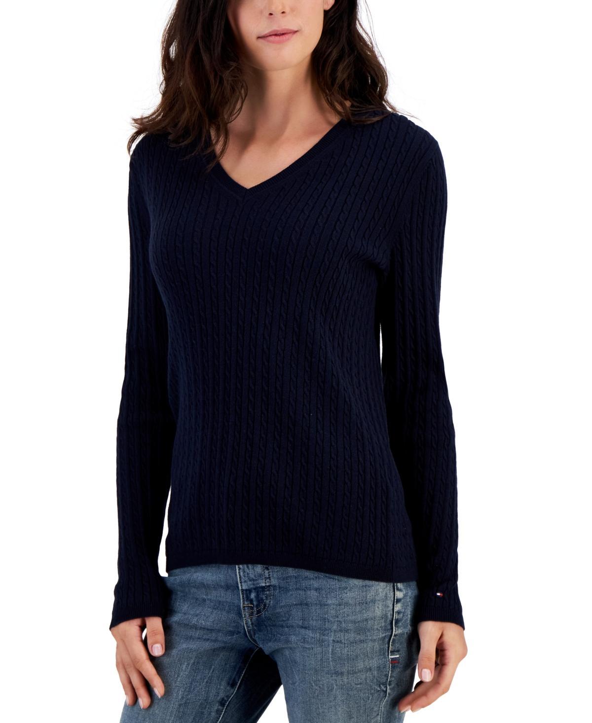 Tommy Hilfiger Womens Cotton Cable Ivy V-Neck Sweater Product Image