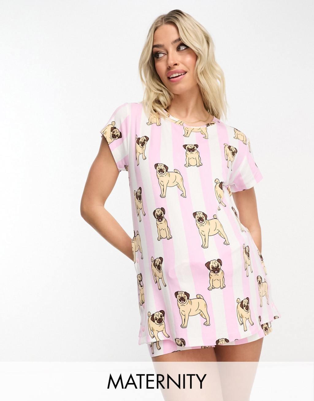 Chelsea Peers Maternity short pajama set in pink and white pug stripe Product Image