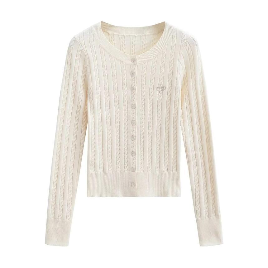 Round Neck Plain Cable Knit Cardigan Product Image