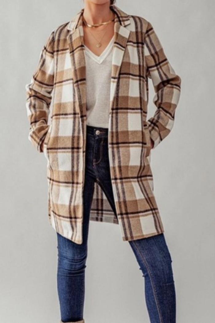 Open Front Long Flannel Plaid Coat Product Image