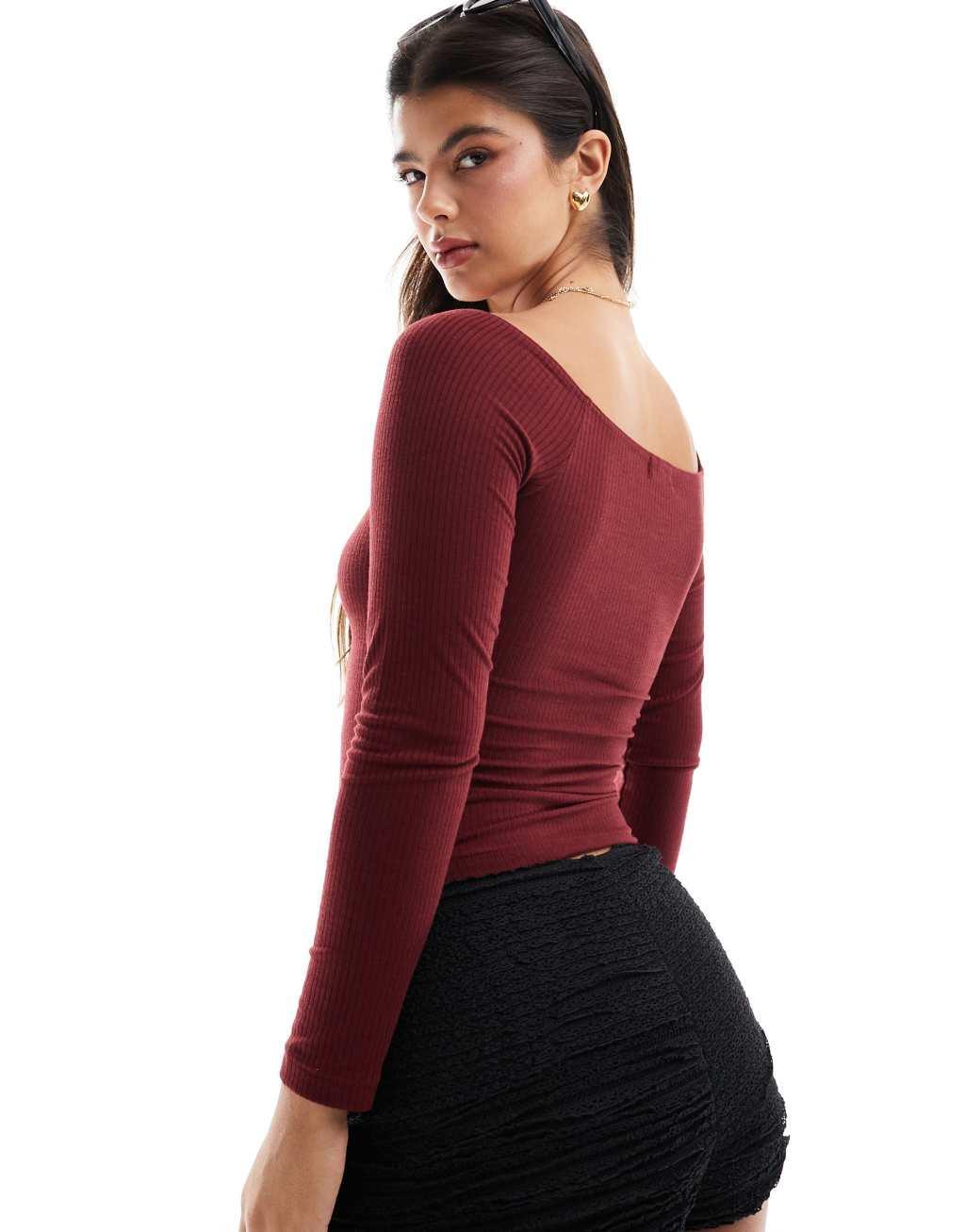 Miss Selfridge long sleeve v neck off shoulder top in dark red Product Image