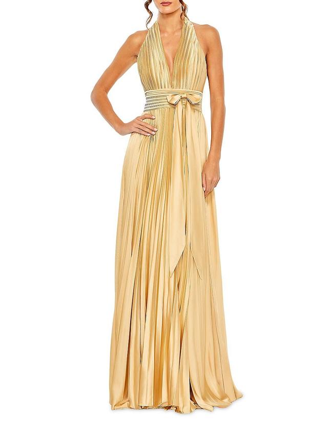 Mac Duggal Pleated Halter Neck Satin Gown Product Image